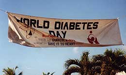 Werbebanner zum Weltdiabetestag auf der Insel Tortola.