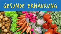Schriftzug 'Gesunde Ernährung'. Abgebildet sind Pilze, Salate, Möhren, Radieschen, Kohlsorten und Paprika.